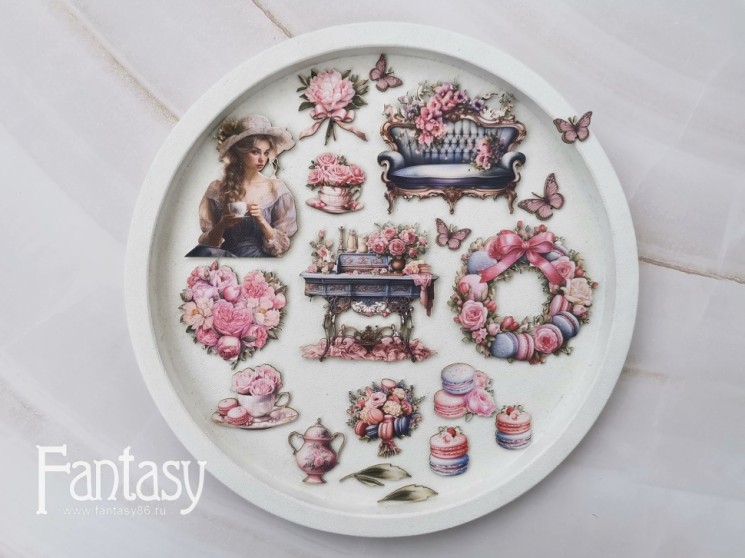Тканевые высечки Fantasy на картоне 1 мм "Шарман 69", в наборе 19 шт
